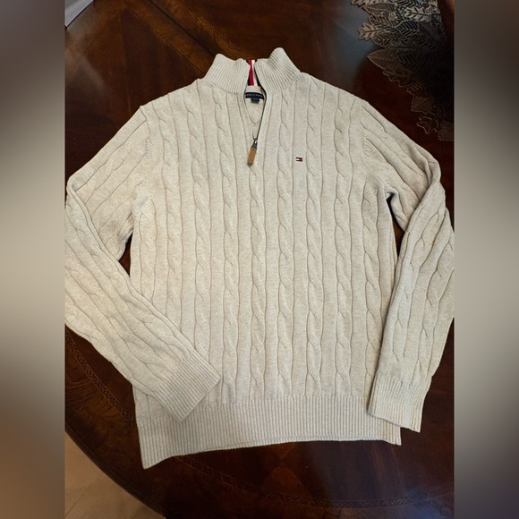 Tommy Hilfiger Cream Tan Cable Knit Pullover Sweater 1/4 Zip Neck Logo Men’s L - Picture 4 of 14
